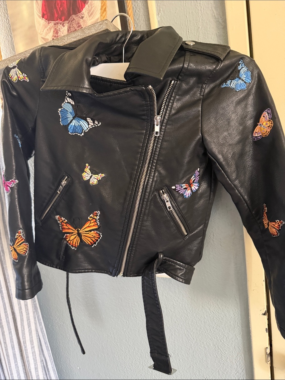 Hannah Banana Black Faux Leather Butterfly Moto Jacket